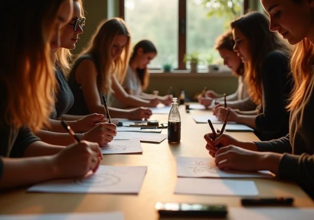 A group of attendees practicing calligraphy during a workshop at Jade Brush Creations.