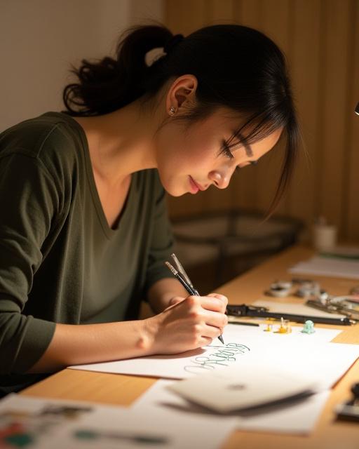 The founder of Jade Brush Creations carefully working on a calligraphy piece in a well-lit studio.