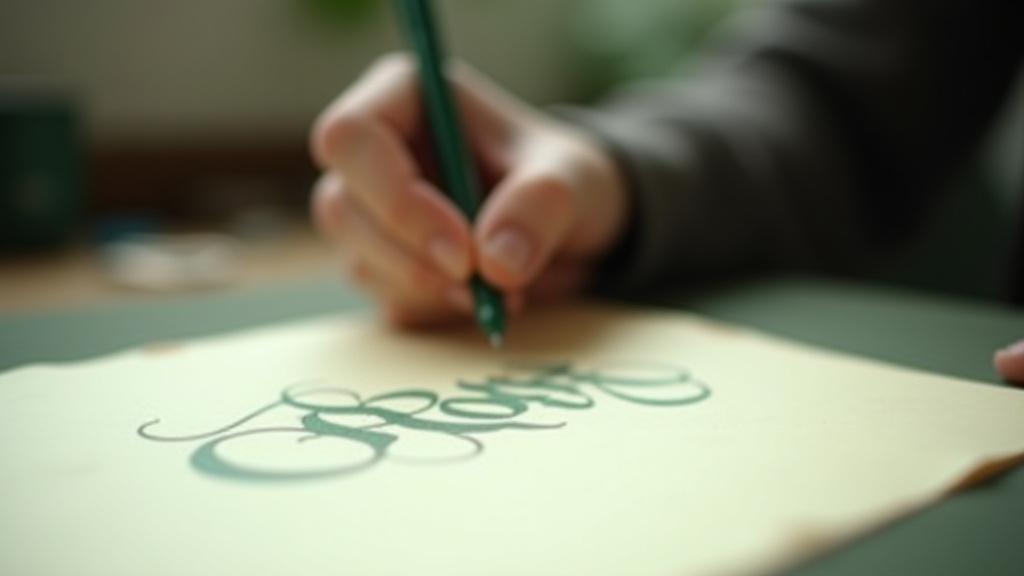 A close-up shot of a calligrapher's hand elegantly writing script with a jade-colored pen.